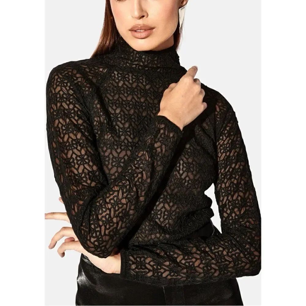 RtA Embroidered Mesh Mock Neck Long Sleeve Black Blouse Top Sz 10 NWT